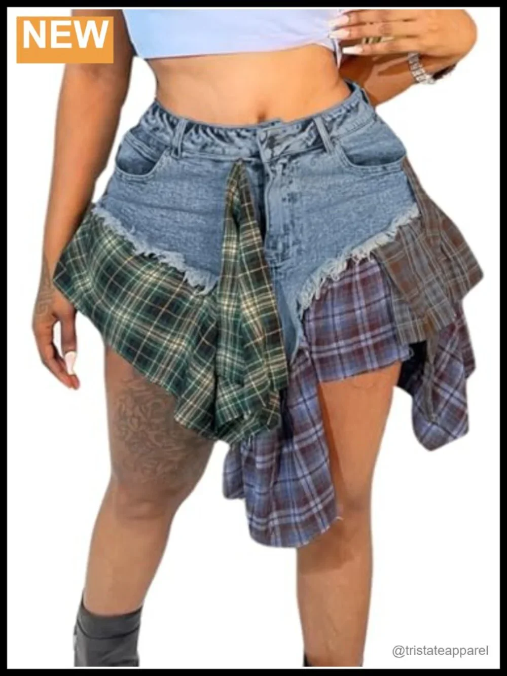 Denim Mini Skirt Plaid Patchwork Asymmetrical Hem Polyester Spandex Raw Frayed